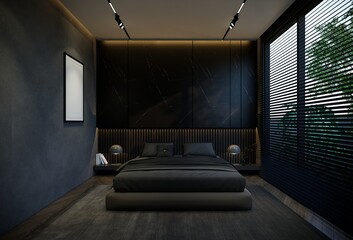 interior of the bedroom is minimal with black base tones. 3D illustration rendering