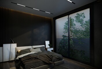 Fototapeta na wymiar interior of the bedroom is minimal with black base tones. 3D illustration rendering
