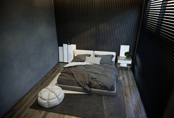 interior of the bedroom is minimal with black base tones. 3D illustration rendering