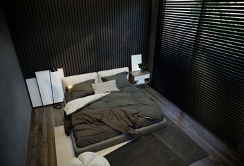 interior of the bedroom is minimal with black base tones. 3D illustration rendering