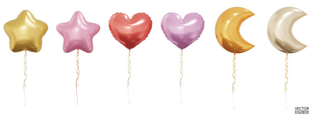 Set of realistic star, heart and moon balloons isolated on white background. Helium star balloons clipart for anniversary, birthday, wedding, party. 3D vector illustration. © vensto
