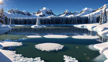 a frozen lake. Natural scenery of snow, mountains, trees, lakes, water, winter, and live-action. Generative AI. 