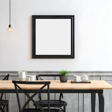 dining room with table with frame on the empty wall, mockup (ai generated)