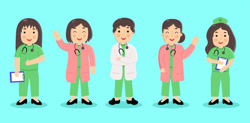 Vector set of doctor and nurse flat design