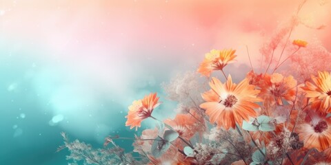 Obraz na płótnie Canvas Beautiful abstract coral, turquoise, and yellow misty morning photo floral design background banner. beautiful Generative AI AIG32