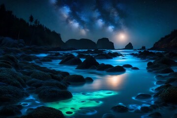 Certainly, let's imagine a captivating scene of a bioluminescent beach at night  secluded beach, far away from city lights, under a vast, starry night sky. The moon, though not at its fullest, provide