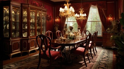 Interior design inspiration of Traditional Classic style home dining room loveliness decorated with Mahogany and Silk material and China Cabinet .Generative AI home interior design .