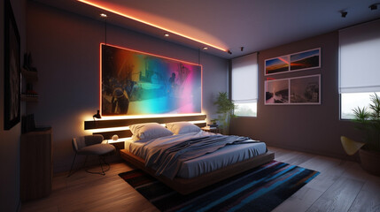The modern bedroom is transformed into a vibrant color. Generative AI