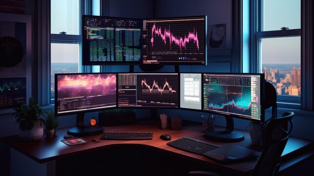 The side view from a computer desk with multiple screens displaying stock market trading and candle stick charts. beautiful Generative AI AIG32