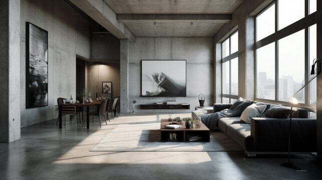living room. A chic room with a large lounge space. Black couch and white empty walls