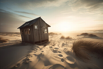 Illustration of a wooden shack on the sandy beach