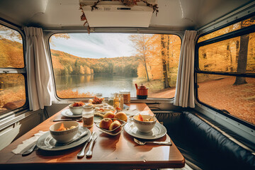 Illustration of a rustic fall meal  inside a camper van or Rv