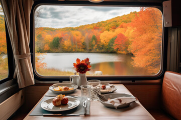 Illustration of a rustic fall meal  inside a camper van or Rv