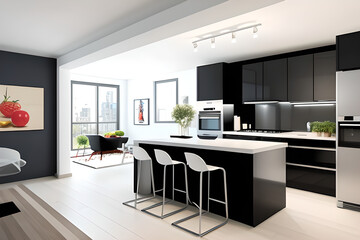 Stylish apartment interior with modern kitchen. Wide angel