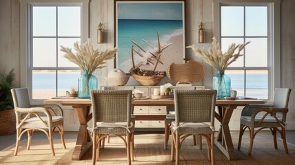 Interior design inspiration of Coastal Nautical style home dining room loveliness decorated with Wood and Rattan material and Rope Accents .Generative AI home interior design .