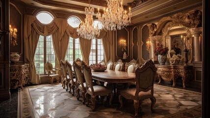 Fototapeta na wymiar Interior design inspiration of Traditional Classic style home dining room loveliness decorated with Marble and Crystal material and Chandelier .Generative AI home interior design .