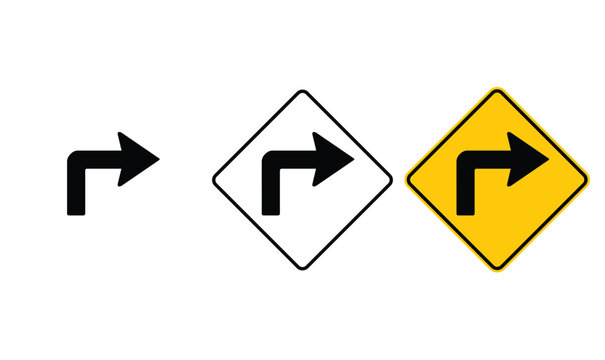 icon turn right yellow outline traffic warning sign design for yellow background and black and white background