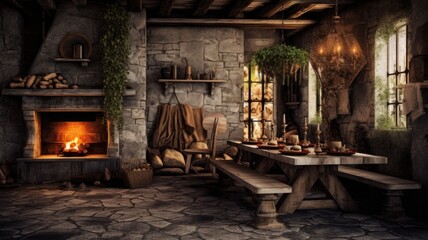 Interior design inspiration of Rustic Industrial style home dining room loveliness decorated with Stone and Wood material and Fireplace .Generative AI home interior design .
