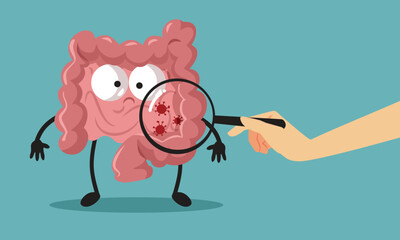 Inspecting Sick Bowl Intestine with a Magnifying. Glass Vector Cartoon. Doctor looking at intestines with magnifier
