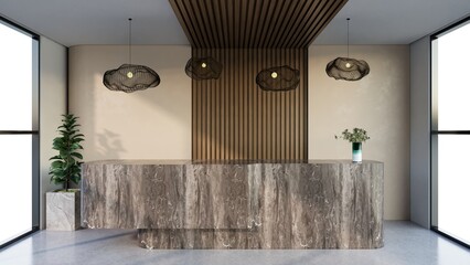 Interior design contemporary and luxurious modern reception desk, 3D illustration rendering