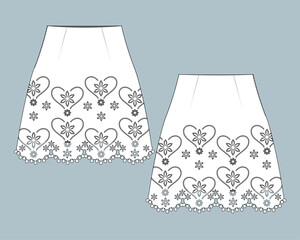 flat technical sketch drawing template A-line skirt with lace fashion details. vintage lace cotton design vector illustration. lace fashion CAD mock-up design for clothing, garments, apparel.