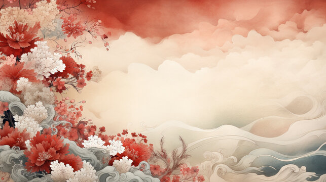赤と白の花のある日本の風景画　Generative AI
