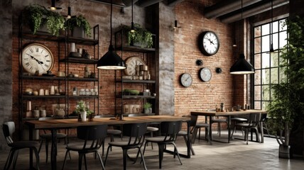 Fototapeta na wymiar Interior design inspiration of Industrial Rustic style home dining room loveliness decorated with Metal and Wood material and Exposed brick wall .Generative AI home interior design .