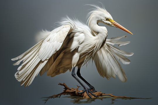 Image of a beautiful great white egret spreading its wings to fly. Bird. Illustration, Generative AI.