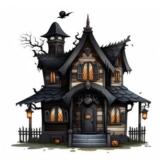 haunted house Halloween illustration on white background.