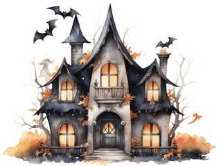 Watercolor haunted house Halloween illustration on white background.