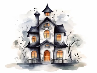 Fototapeta premium Watercolor haunted house Halloween illustration on white background.