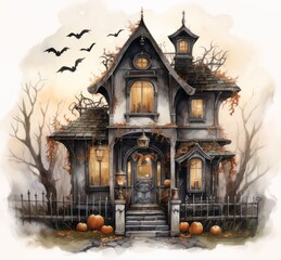 Watercolor haunted house Halloween illustration on white background.