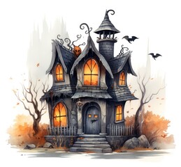 Fototapeta na wymiar Watercolor haunted house Halloween illustration on white background.