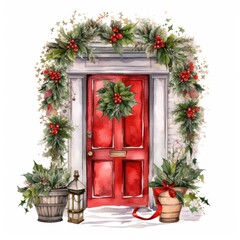 Christmas card with the front door of the house, decorated with pine branches, wreaths with balls, ribbons, and a garland. Watercolor illustration, new year poster.