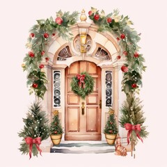 Fototapeta na wymiar Christmas card with the front door of the house, decorated with pine branches, wreaths with balls, ribbons, and a garland. Watercolor illustration, new year poster.