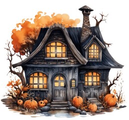 Fototapeta na wymiar Watercolor haunted house Halloween illustration on white background.