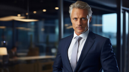 portrait of wealthy, serious CEO businessman with gray hair and blue suit in office
