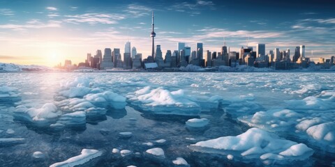 city skyline made of ice on frozen lake ruined background. beautiful Generative AI AIG32