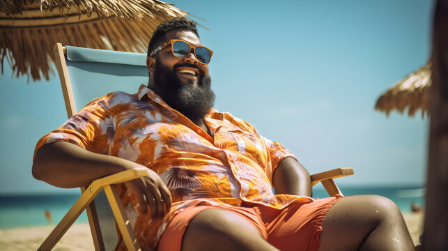 plus size poc man wearing hawaiian shirt at beach in sunshine relaxing in chair on vacation