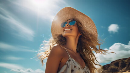 beautiful woman looking to sun at beach wearing straw hat and sunglasses and white floral dress	 - Powered by Adobe