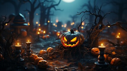 Jack-o-lanterns glowing in a nighttime fantasy. Background: It's Halloween..