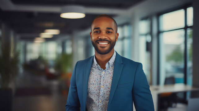 work portrait of happy poc black man wearing light blue business suit in office environment