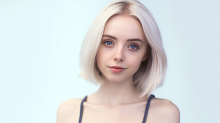 A young adult woman, wearing tank top, summer or at home, cozy casual, caucasian, blonde, blonde hair color, medium length shoulder length hair, fictional location