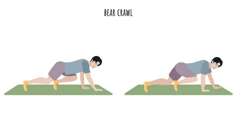 Asian young man doing bear crawl exercise