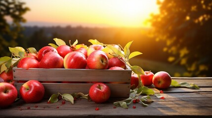 Autumn and Harvest Concept: Apples In Wooden Crate On Table At Sunset..