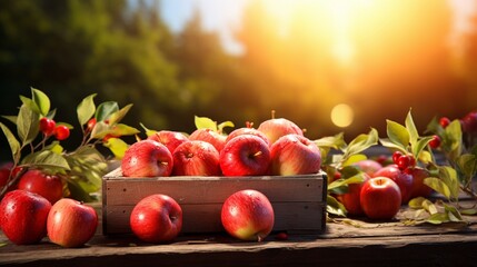 Autumn and Harvest Concept: Apples In Wooden Crate On Table At Sunset..