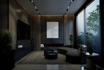 Minimal living room with black tones. 3D illustration rendering