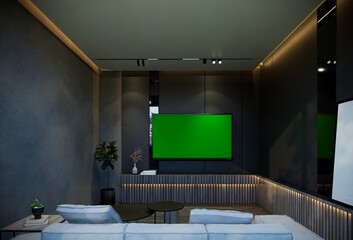 Minimal living room with black tones. 3D illustration rendering