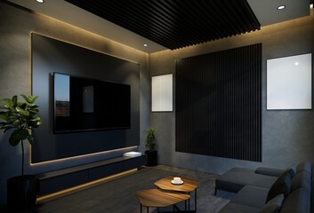 Minimal living room with black tones. 3D illustration rendering
