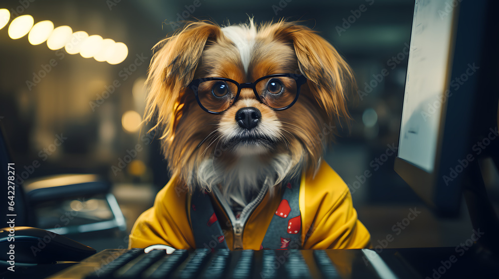 Poster arafed dog wearing glasses sitting at a computer desk with a keyboard generative ai